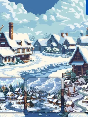 Midjourney Prompt House Snow Snowy Frozen River Village Winter Cottage Town Pixel Art Illustration