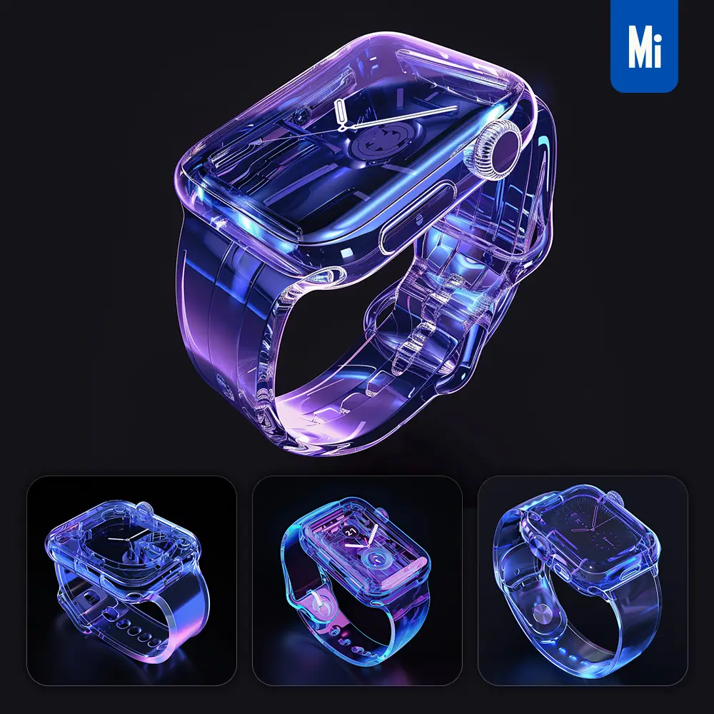 midjourney prompt iWatch apple watch 3D blue transparent structure