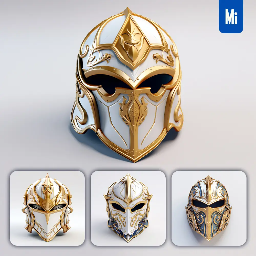 midjourney prompt knight helmet 3D material golden art gold game UI icon