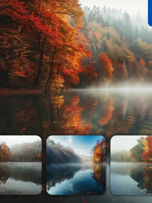 Midjourney Prompt Lake Autumn Mist Water Tree Leaves Landscape Photography