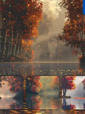 Midjourney Prompt Lake Autumn Mist Water Tree Leaves Pixel Art Illustration