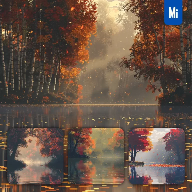 midjourney prompt lake autumn mist water tree leaves pixel art illustration