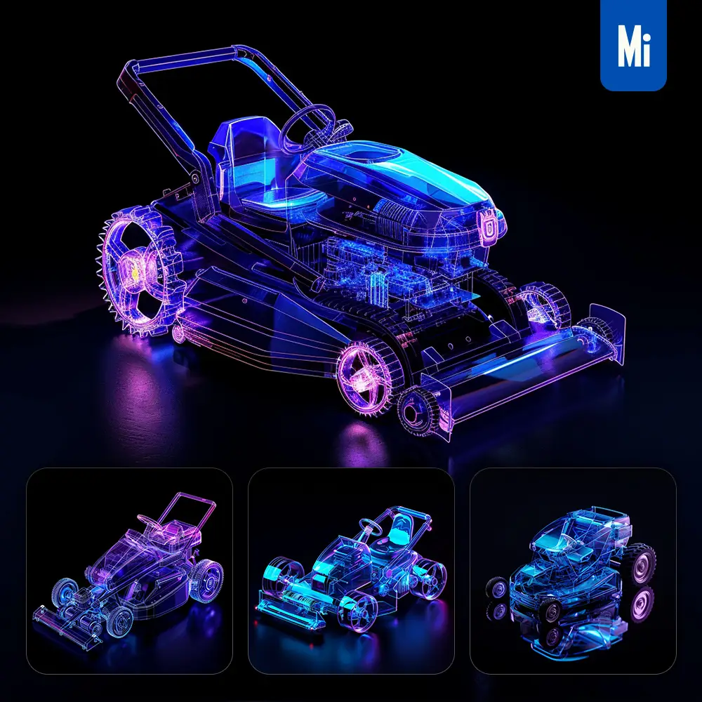 Midjourney Prompt Lawn Mowers 3d Blue Transparent Structure