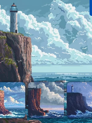 Midjourney Prompt Lighthouse Cliffside Ocean Cliff Wave Sky Cloud Pixel Art Illustration