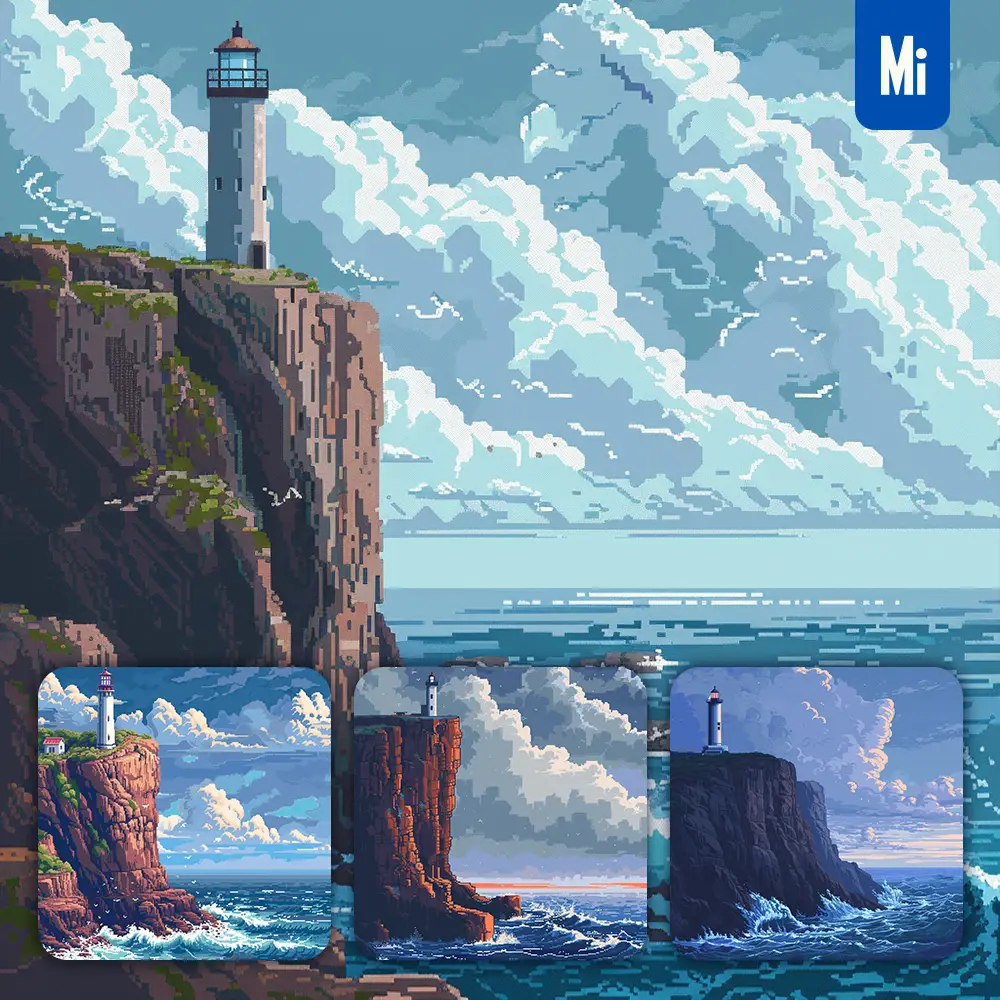 Midjourney Prompt Lighthouse Cliffside Ocean Cliff Wave Sky Cloud Pixel Art Illustration