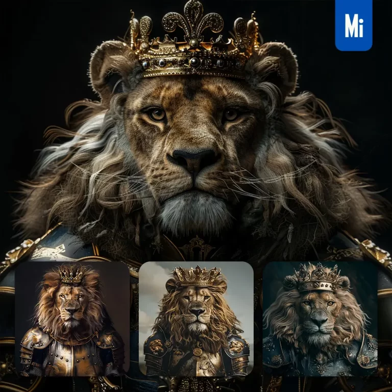 midjourney prompt lion king crown golden portrait photography