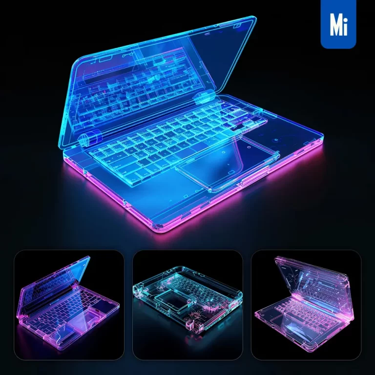 midjourney prompt macbook laptop 3D blue transparent structure