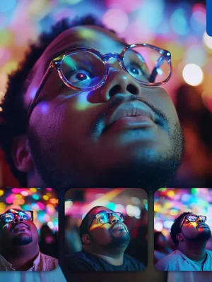 Midjourney Prompt Man Colorful Look Up Light Face Head Photography