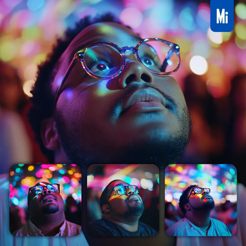 Midjourney Prompt Man Colorful Look Up Light Face Head Photography