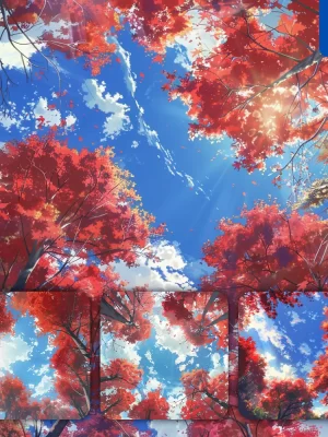 Midjourney Prompt Maple Tree Sky Sunshine Autumn Cloud Animation Illustration