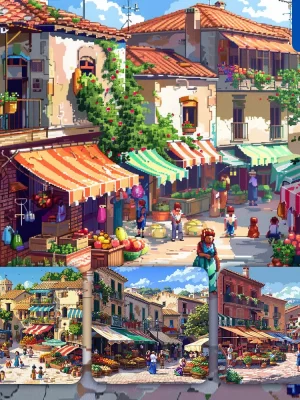 Midjourney Prompt Market Street Square Town Stall People Awning Pixel Art Illustration