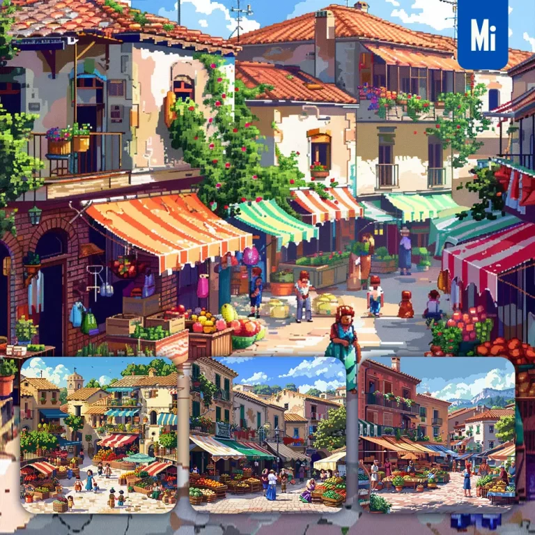 midjourney prompt market street square town stall people awning pixel art illustration