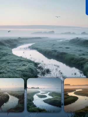 Midjourney Prompt Misty Morning River Mist Foggy Grass Landscape Photography