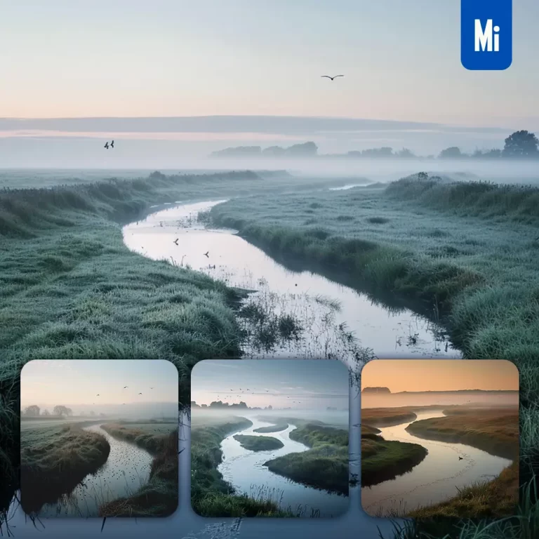 midjourney prompt misty morning river mist foggy grass landscape photography