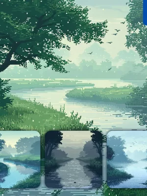 Midjourney Prompt Morning River Mist Foggy Grass Landscape Pixel Art Illustration