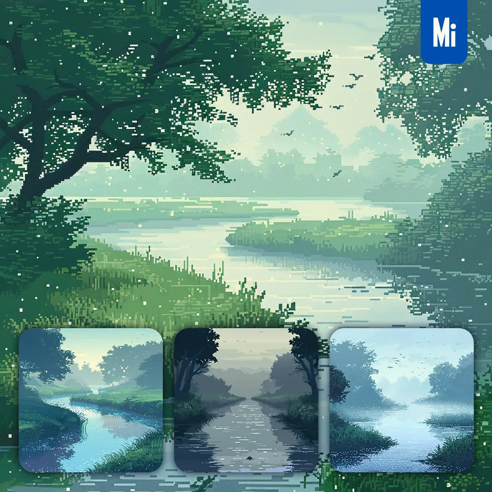 midjourney prompt morning river mist foggy grass landscape pixel art illustration