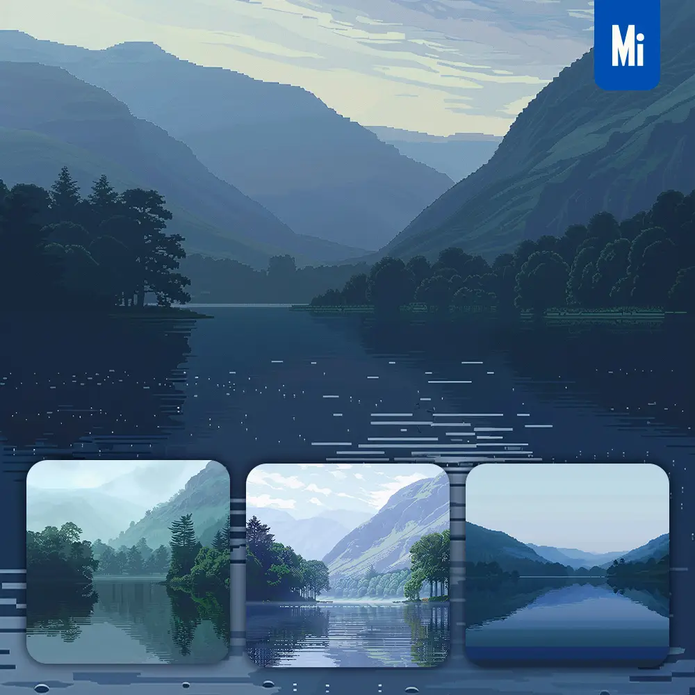 midjourney prompt morning tree forest mountain water lake pixel art illustration