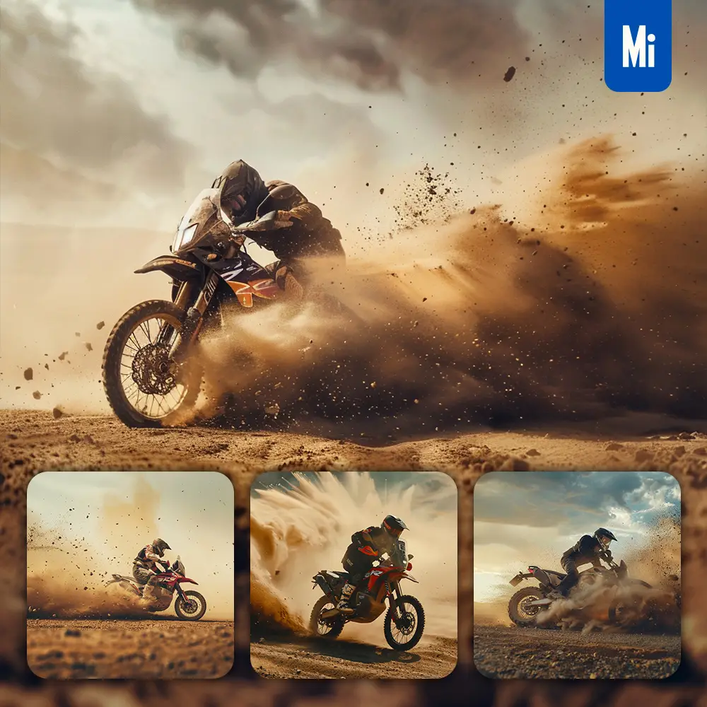 Midjourney Prompt Motorcycle Rally Racing Motor Desert Dakar Side Speed Photography