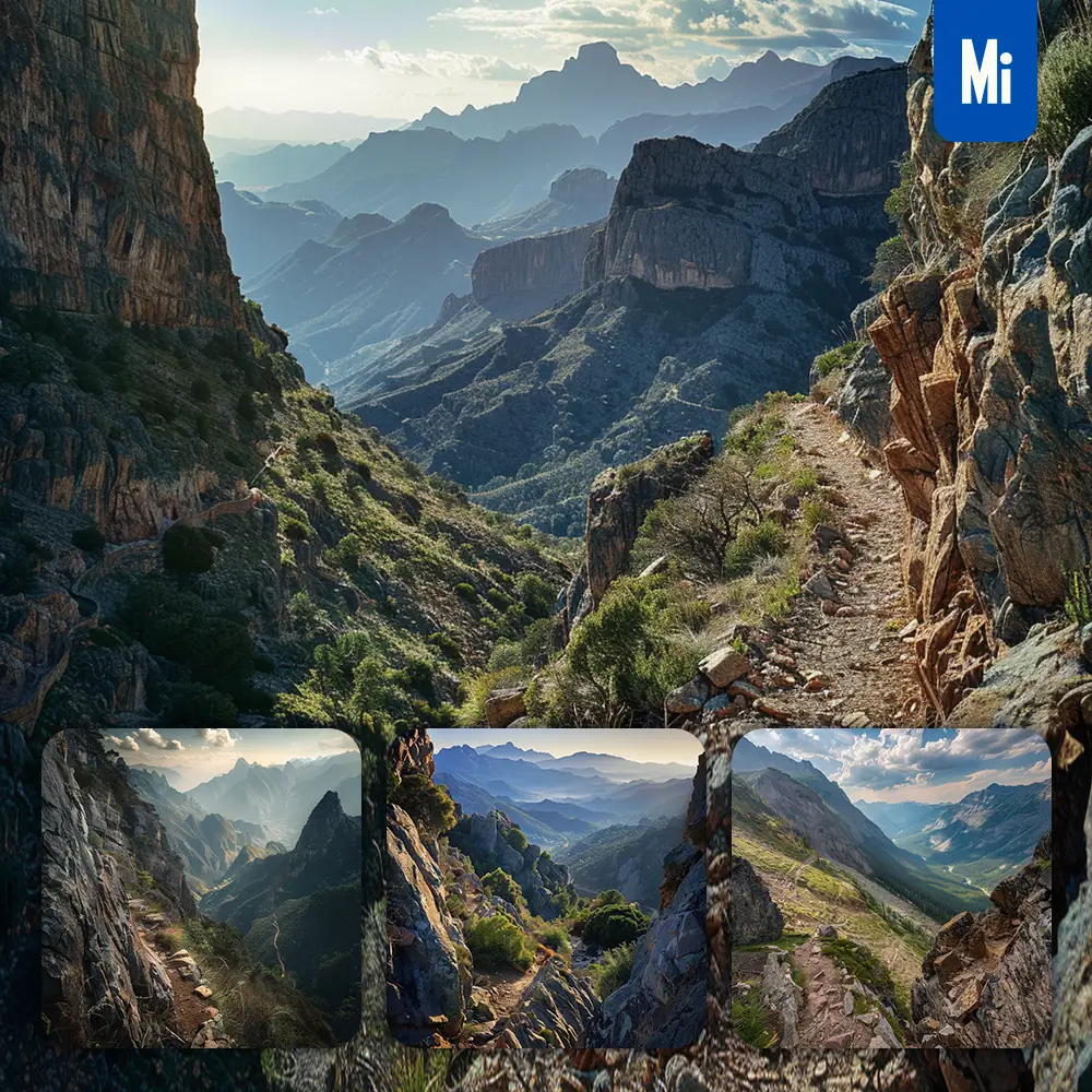 midjourney prompt mountain trail mountainside valley tree peak stone landscape photography