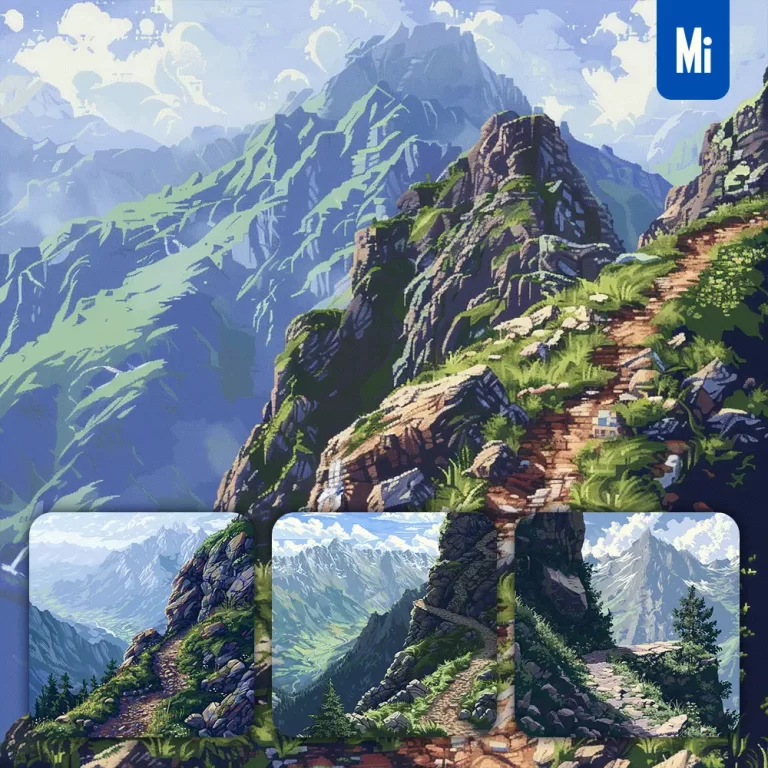 midjourney prompt mountain trail mountainside valley tree peak stone pixel art illustration