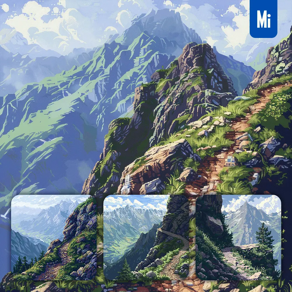 Midjourney Prompt Mountain Trail Mountainside Valley Tree Peak Stone Pixel Art Illustration
