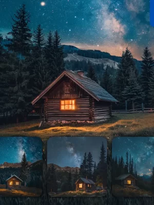 Midjourney Prompt Night House Mountain Cabin Pine Tree Sky Star Woods Forest Landscape Photography