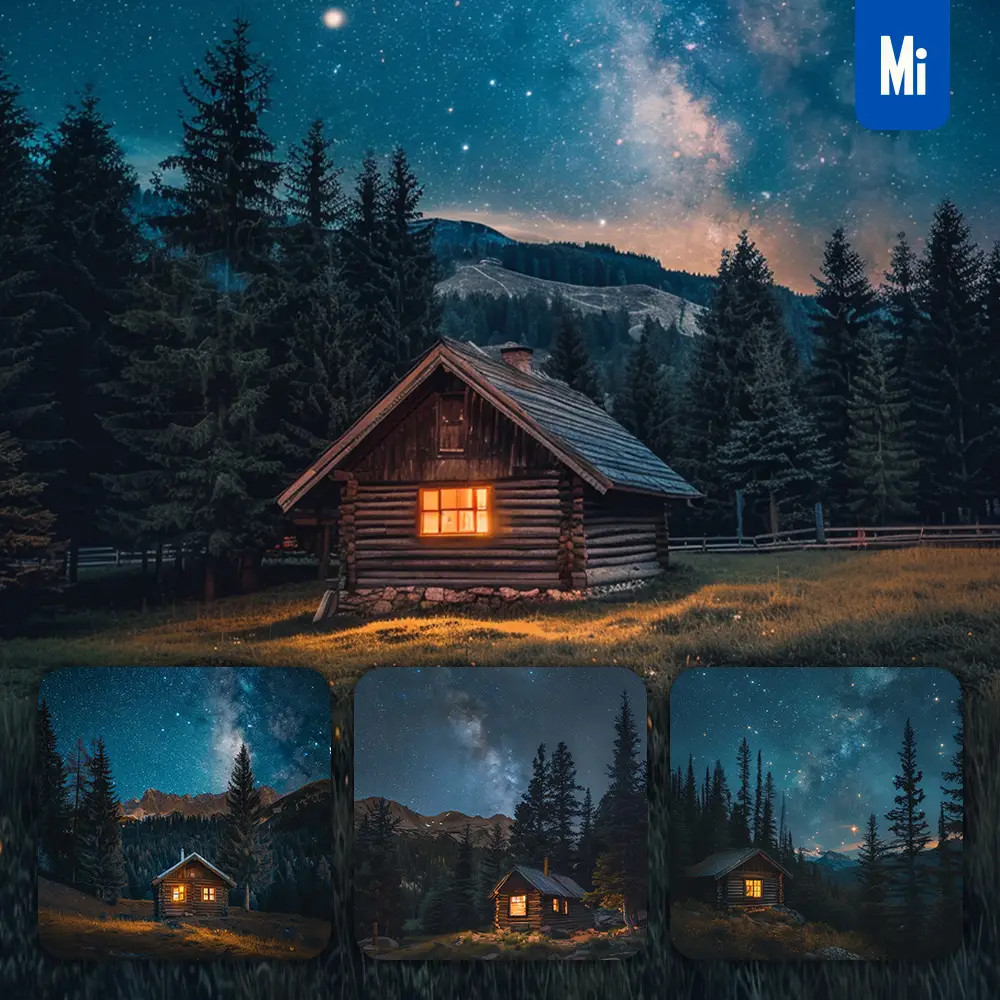 Midjourney Prompt Night House Mountain Cabin Pine Tree Sky Star Woods Forest Landscape Photography