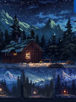 Midjourney Prompt Night House Mountain Cabin Pine Tree Sky Star Woods Forest Pixel Art Illustration