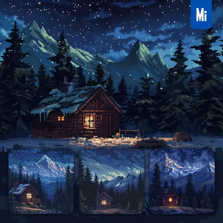 midjourney prompt night house mountain cabin pine tree sky star woods forest pixel art illustration