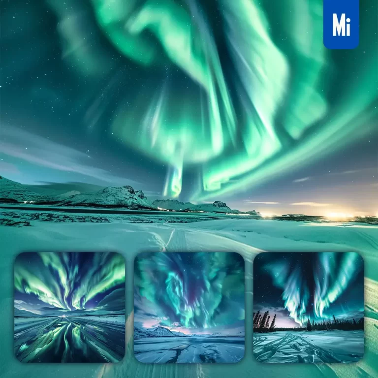 midjourney prompt northern light aurora snow night sky landscape photography