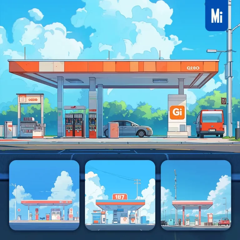 midjourney prompt petrol gas station facade front cartoon illustration