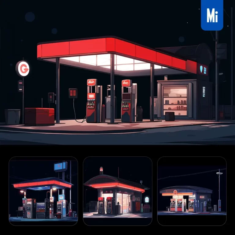 midjourney prompt petrol gas station facade night cartoon illustration