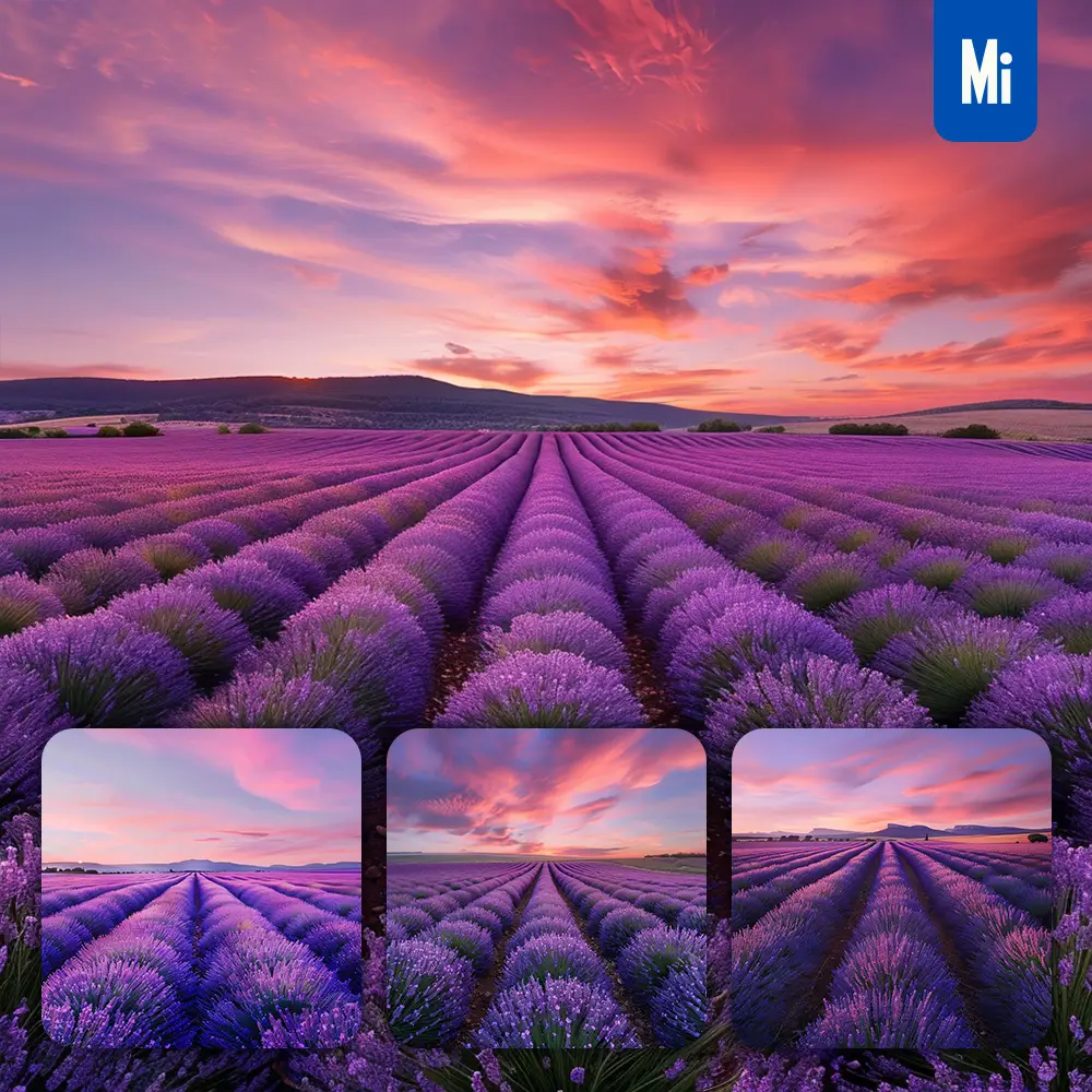 midjourney prompt purple lavender sunset field horizon sky rows landscape photography