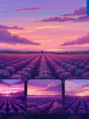 Midjourney Prompt Purple Lavender Sunset Field Horizon Sky Rows Pixel Art Illustration