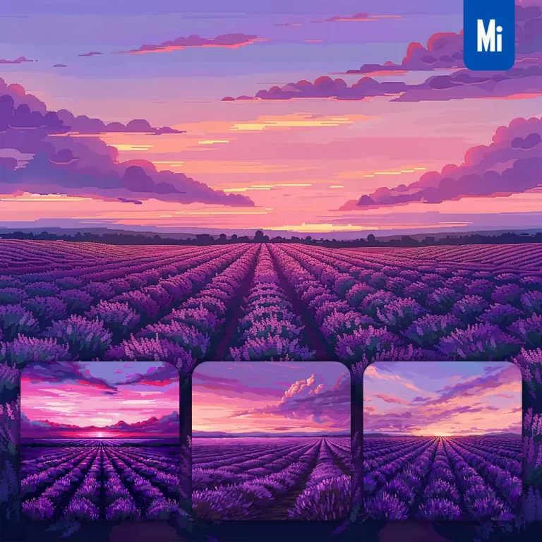 midjourney prompt purple lavender sunset field horizon sky rows pixel art illustration