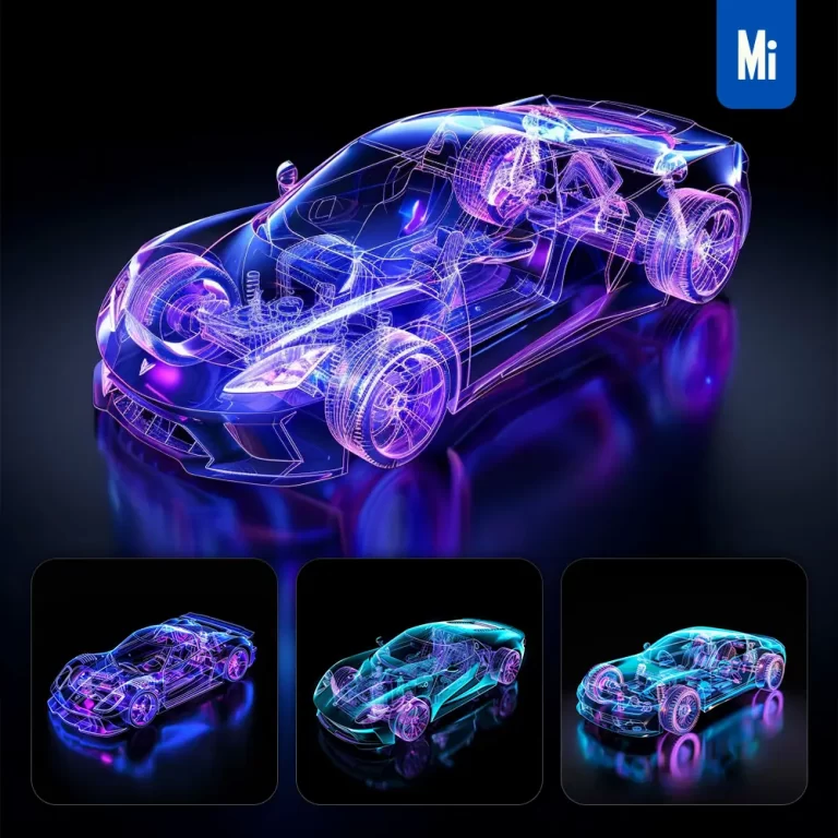 midjourney prompt purple sports car roadster 3D blue transparent structure