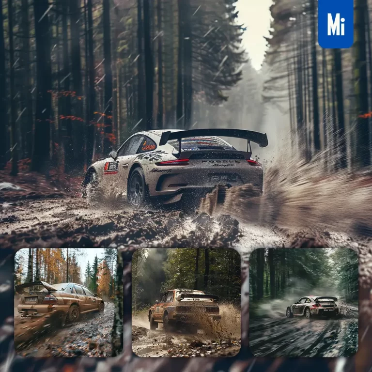 midjourney prompt rally racing car forest WRC back side speed photography