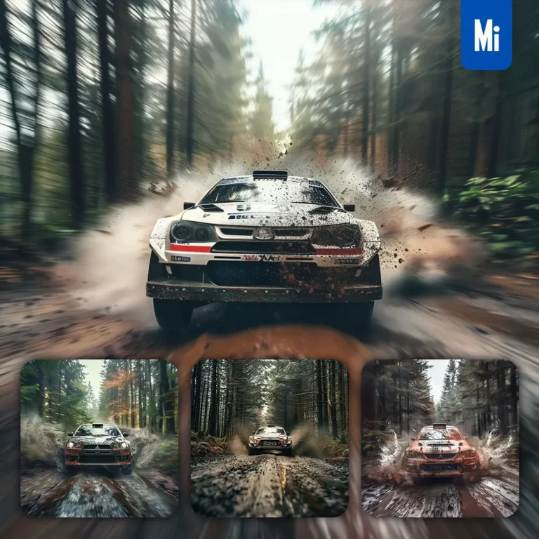 midjourney prompt rally racing car front forest WRC speed photography