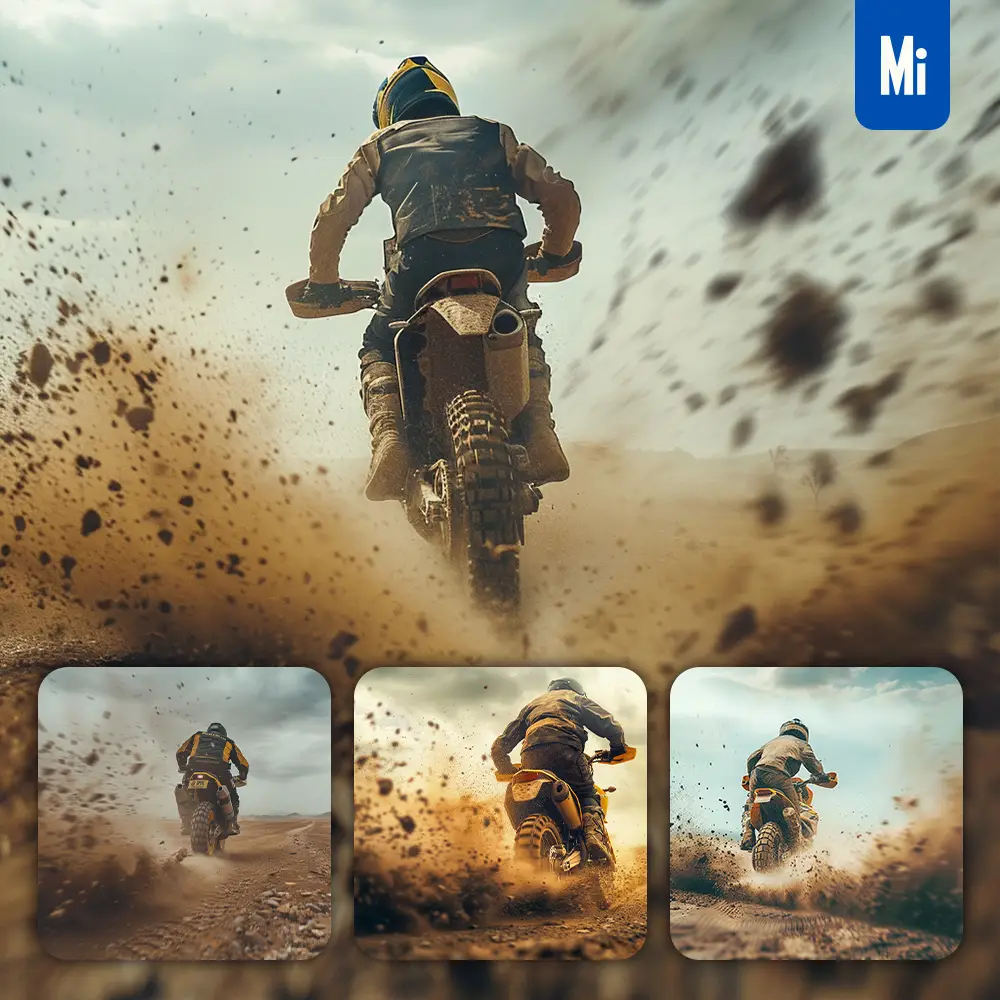 midjourney prompt rally racing motor motorcycle desert Dakar back speed photography