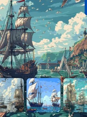 Midjourney Prompt Sailing Ship Harbor Seagull Sea Pixel Art Illustration