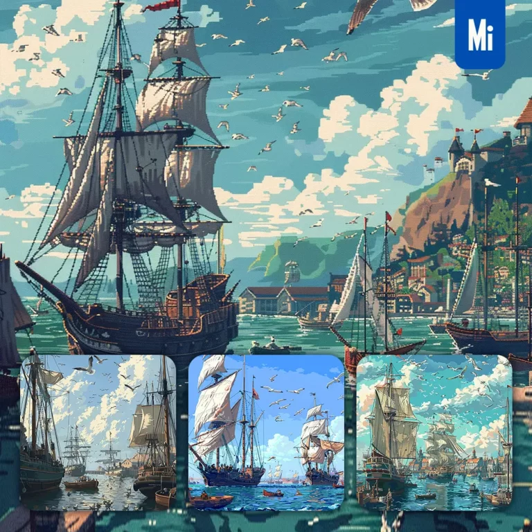 midjourney prompt sailing ship harbor seagull sea pixel art illustration