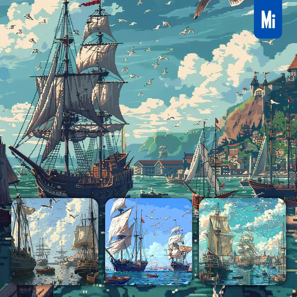 Midjourney Prompt Sailing Ship Harbor Seagull Sea Pixel Art Illustration