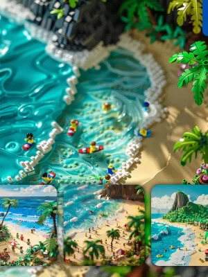 Midjourney Prompt Sandbeach Beach Sea Wave Assembled 3d Lego Model Scene