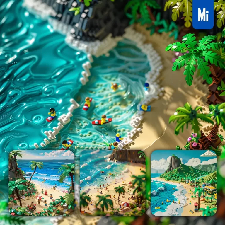 midjourney prompt sandbeach beach sea wave assembled 3D lego model scene