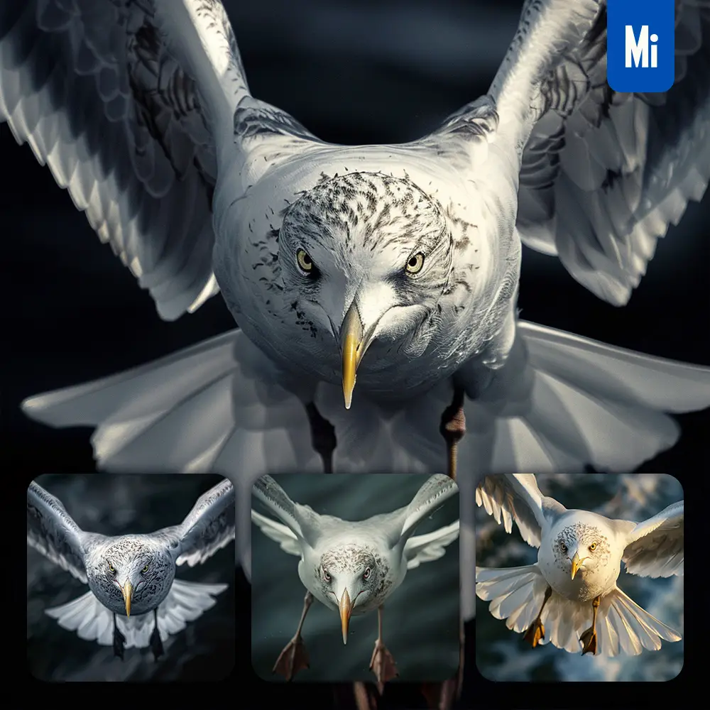 midjourney prompt sea gull fly flying hunt sky photography