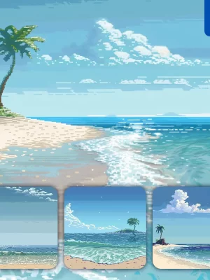 Midjourney Prompt Sea Ocean Island Wave Palm Tree Sky Sandbeach Sand Beach Pixel Art Illustration