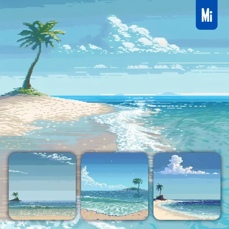 midjourney prompt sea ocean island wave palm tree sky sandbeach sand beach pixel art illustration