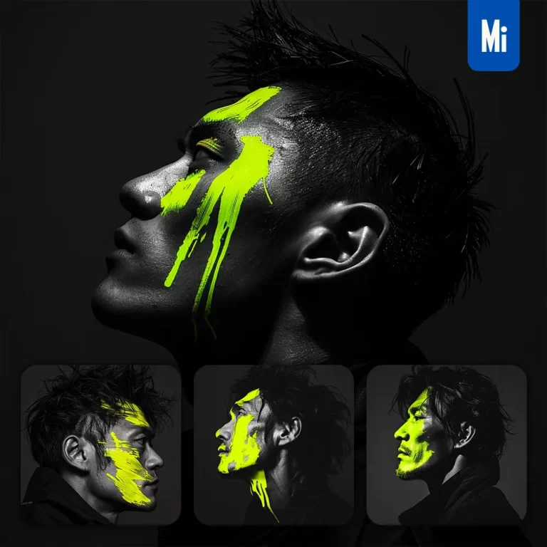 midjourney prompt side face Asian man yellow portrait black and white photography