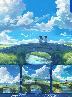 Midjourney Prompt Sky Children Stone Bridge Cloud Field Cartoon Illustration