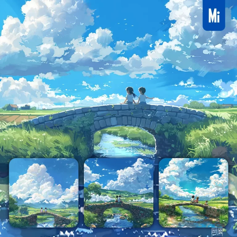 midjourney prompt sky children stone bridge cloud field cartoon illustration